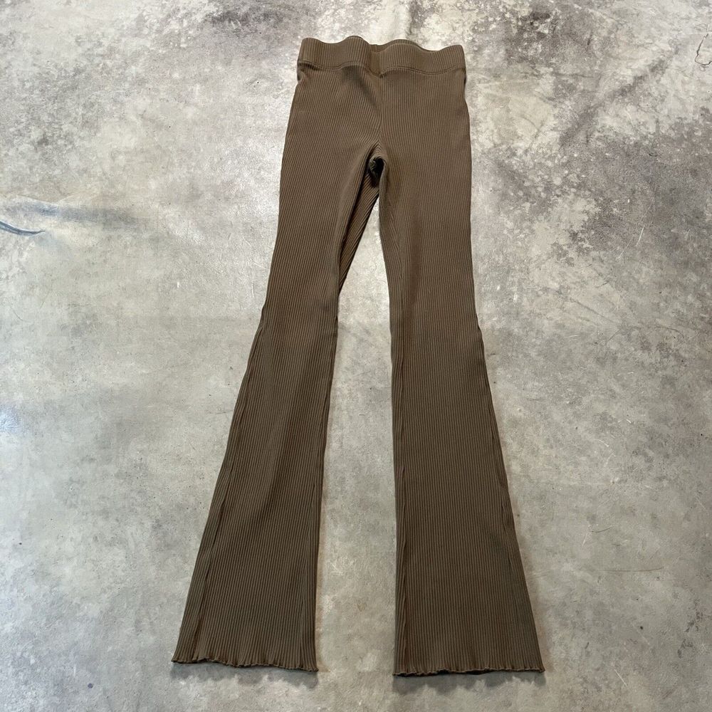 Good American Pants Womens 2 Tan Ribbed Flared Leg Pants Knit Pull On